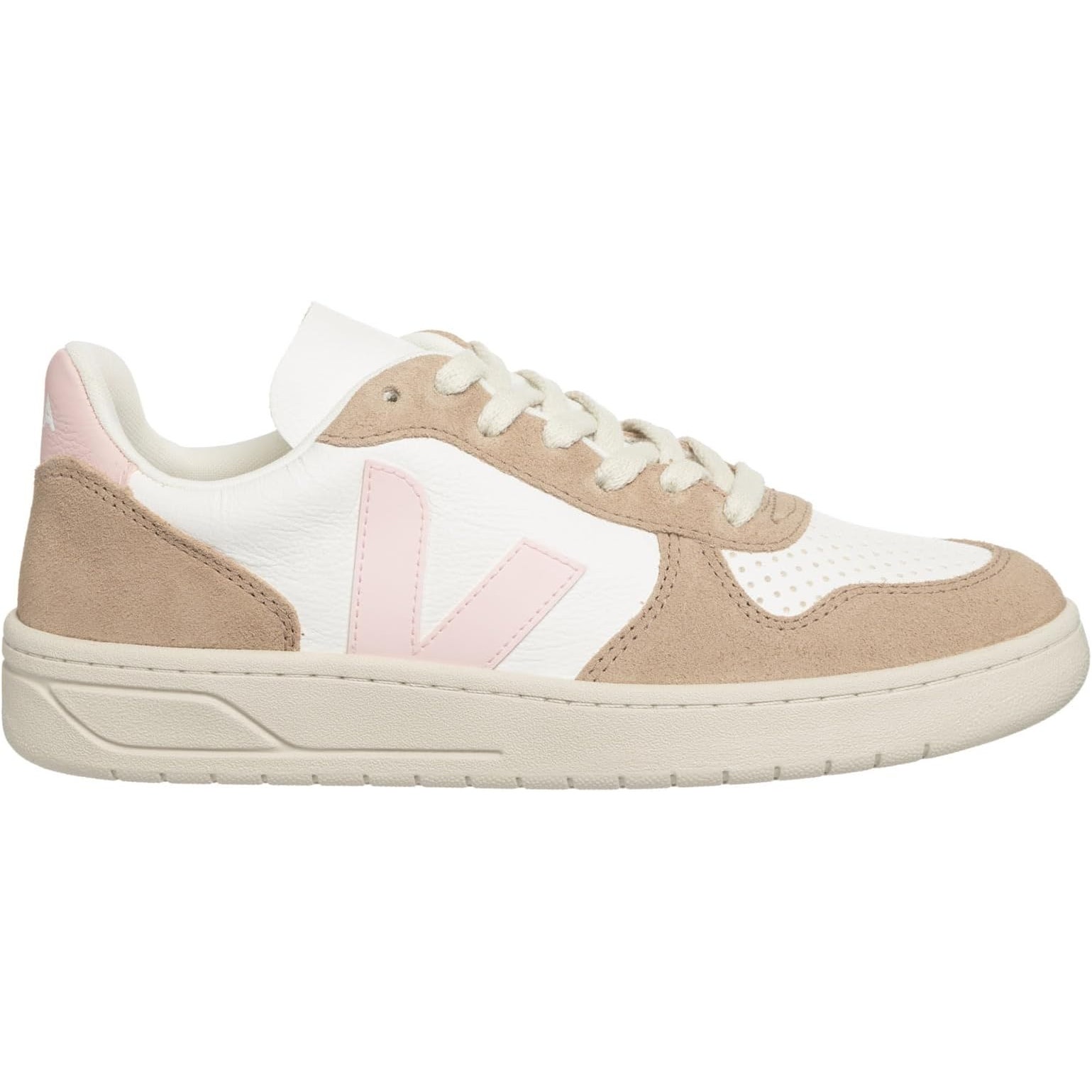 Veja V-10 Leather & Suede Sneakers In White, Beige & Light Pink
